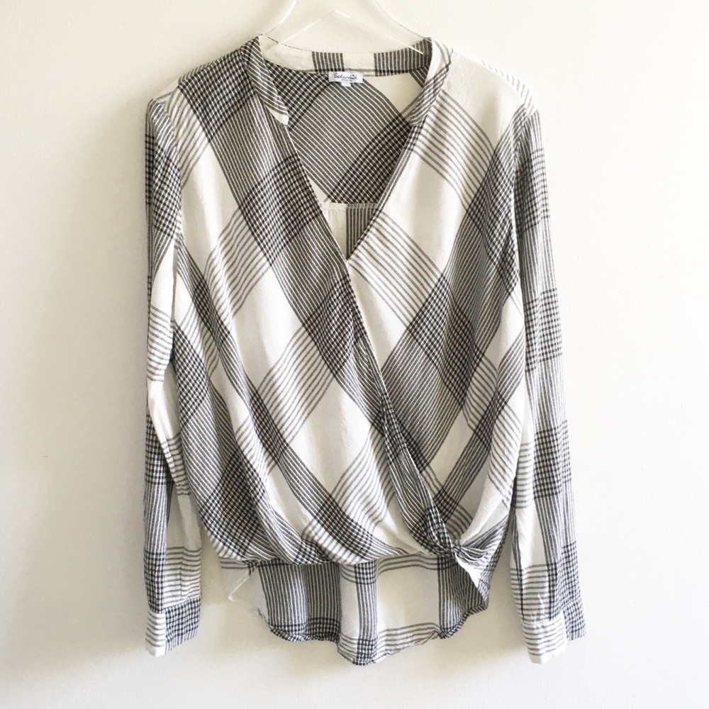 Splendid Murray Plaid Surplice Top Sz Medium Twist Wrap Black White Plaid